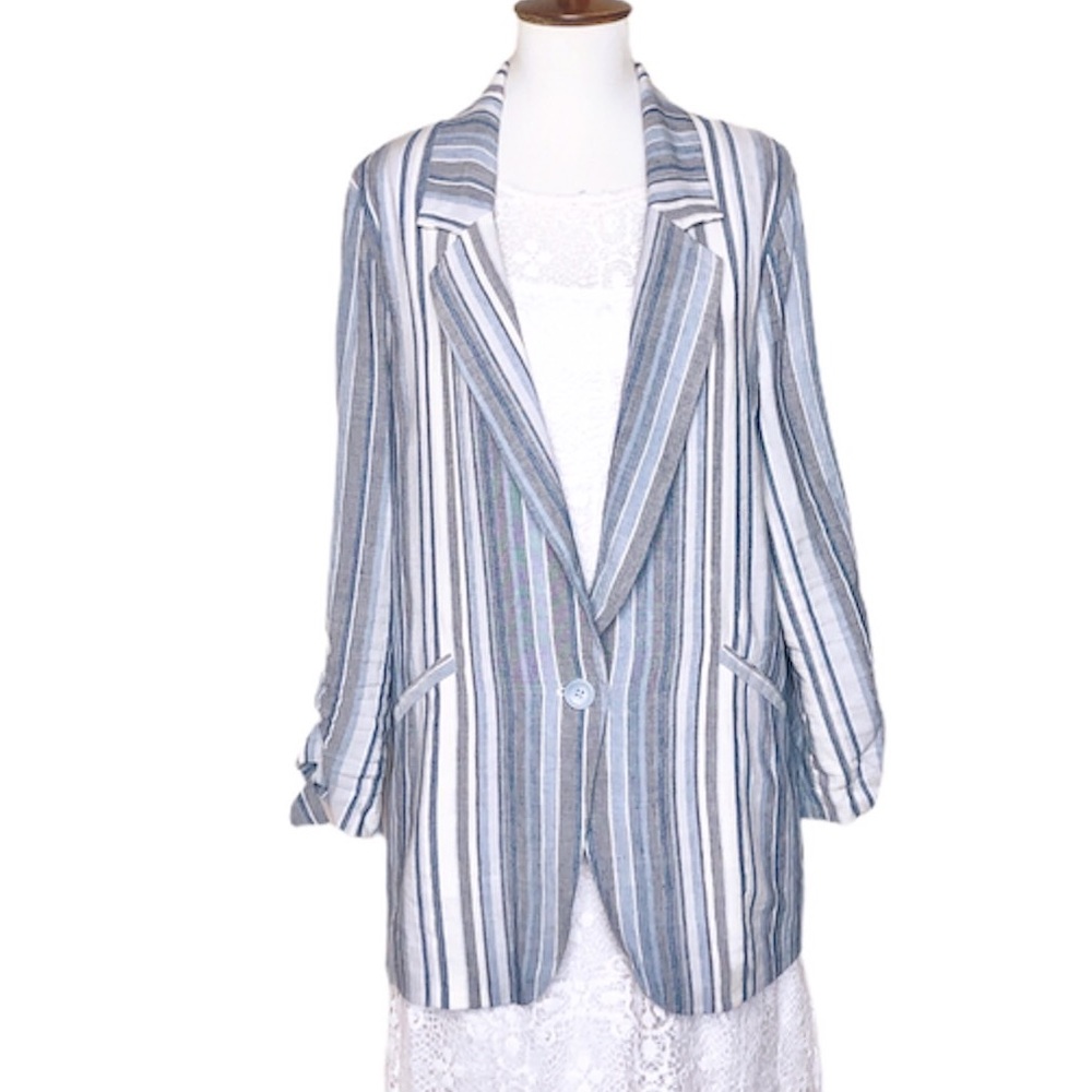 DREW 3/4 Sleeve Linen Blend Blue & White Striped Blazer Medium